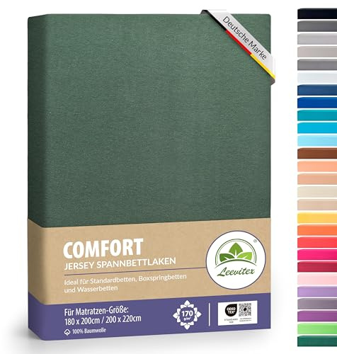leevitex® Premium Spannbettlaken 180x200–200x220 cm | 40 cm Steghöhe – für Standard-, Boxspring- & Wasserbetten | 100% Mako-Jersey-Baumwolle | ÖKO-TEX Zertifiziert | 170 g/m² | Dunkelgrün/Tannengrün