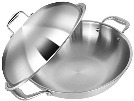 WRMIGN Stainless steel wok pan with handle and 38L stainless steel multi-purpose pan lid