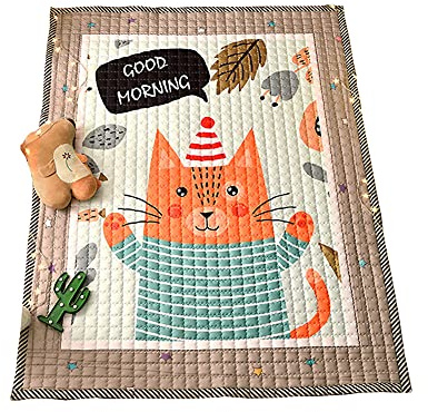 Kinder Baby Krabbeldecke Faltbare, Hiseng Baumwolle Groß Spielmatte Kinder Teppiche Rutschfeste Baby Bodenmatte Waschbare Krabbelmatte für Outdoor Spielteppich (guten Morgen,145x195cm)