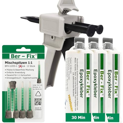 Ber-Fix 2K Epoxidharz Kleber 30 Min – Starker 2-Komponenten-Kleber für Kunststoff, Metall, Holz, Glas, Stein, Beton 3x 50g Kartusche + Pistole + 10 Spitzen