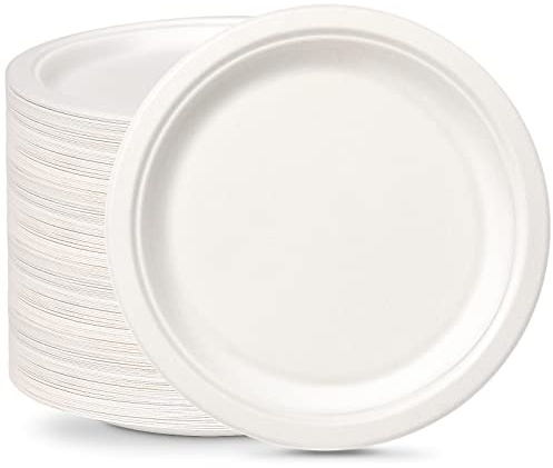 Styvt engångspapper vita tallrikar 100-pack 23 cm – miljövänliga, starka sockerrörstallrikar 100 % biologiskt nedbrytbara och komposterbara rätter för BBQ party picknick