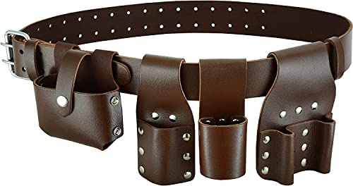 Leather Tool Belt with Hammer Holder, Ratchet,Spanner,Wrench Tool Pouch Tape Holster (Brown)