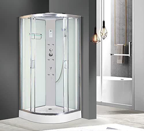 Cabine de douche hydromassage semi-circulaire Calgary 90 x 90 x 210 cm Panneau de contrôle radio Lumière verre avec film de sécurité