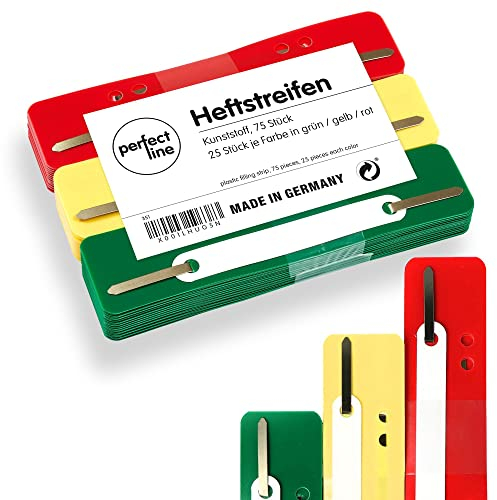 perfect line - 75 Heftstreifen (3x25 Stk.), recycelbarer Kunststoff, 3 Farben (Grün, Gelb, Rot), Made in Germany