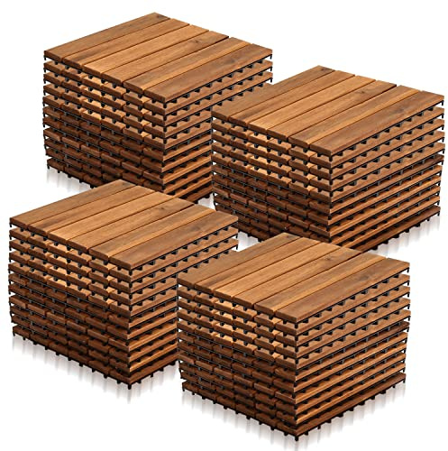 Vigevee Holzfliesen aus Akazien Holz 30x30cm,Holzfliesen für Balkon,6 Latten Fliese 4m²,Balkon Bodenbelag,Holzfliesen Balkon,Bodenfliesen für Terrassen und Balkon (44 Stück)
