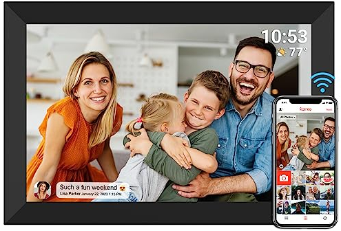Digitaler Bilderrahmen WiFi 10,1 Zoll 1280x800 IPS LCD Touchscreen, Eingebauter 32GB Speicher Auto-Rotat, Teilen Sie Momente sofort über Frameo App von überall, Schwarz