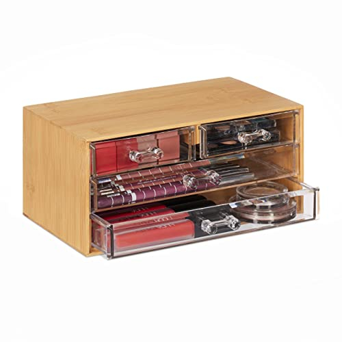 Relaxdays Make Up Organizer Bambus, 4 Schubladen, HBT: 11x23,5x15 cm, Schminkaufbewahrung & Schmuck, natur/transparent