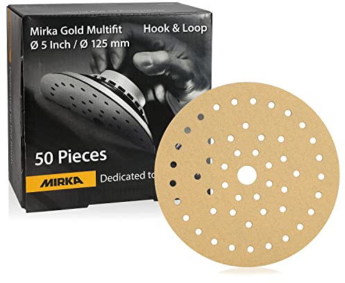 Mirka Gold Multifit 5'' Sandpaper Grit 180 Hook and Loop, 50 Pack 5 inch Sanding Discs for Orbital Sander, Sand Paper Pads for Wood, Drywall, Metal