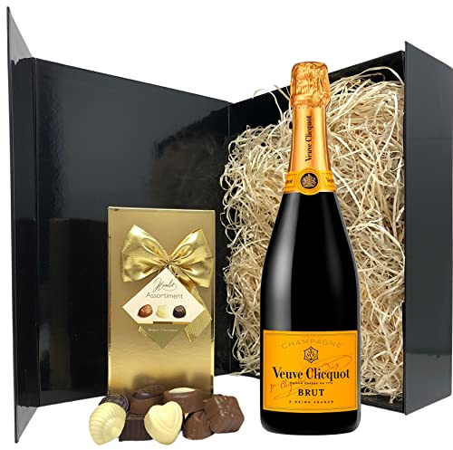 Veuve Clicquot Champagne & Chocolate Gift Set – Yellow Label Brut 75cl with Belgian Chocolates in Black Hamper Box – Luxury Gift for Her, Him or Couples