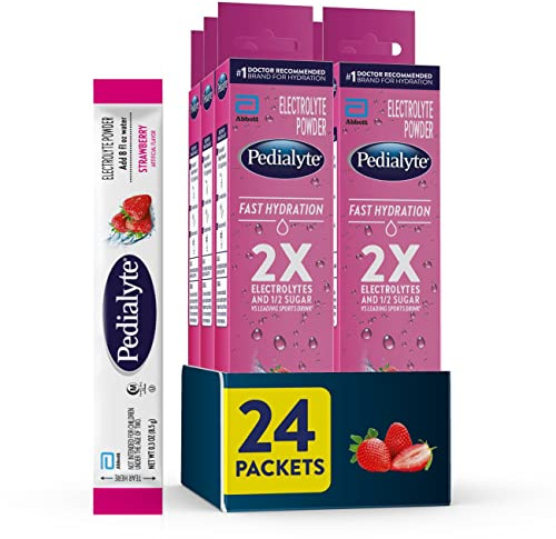 Pedialyte Fast Hydration Electrolyte Powder Packets, Strawberry, Hydration Drink, 24 Single-Serving Powder Packets