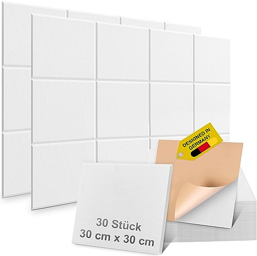 MatoSan® 30 Quadratische Akustikplatten Selbstklebend Schalldämmung Schallabsorber Wand Hohe Dichte für Wand Decken Holz & Tür Akustikpaneele Zimmer Dämmen gegen Lärm Lärmschutz Wand Weiß-