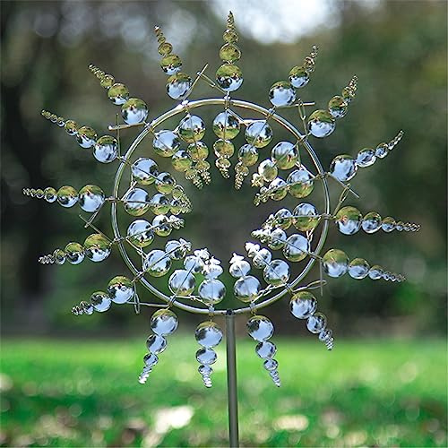 HADAVAKA Wind Spinner Für Garten, Windmühle Aus Metall Mit Gartenpfahl, Dynamische 3D Windskulptur Für Außen, Hof, Garten (Silber)