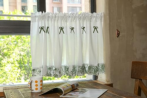 Yaland Landhausstil Scheibengardine mit Floal Kante und verspielten Schleifen lichtdurchlässige Küche Bistrogardine Garn Kurzstore Fertiggardine mit Stangenduchzug 1 Stück, Weiß, BxH 140x110cm