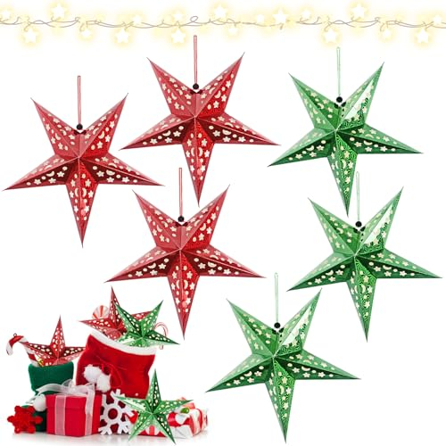 Darryy Paper Star Lantern 6 Pezzi (Niente luci), 30cm Stelle di Carta da Appendere, Lanterna di Natale, Paralume di Carta, Paralume Stella, Decorazione Natale (rosso e verde)