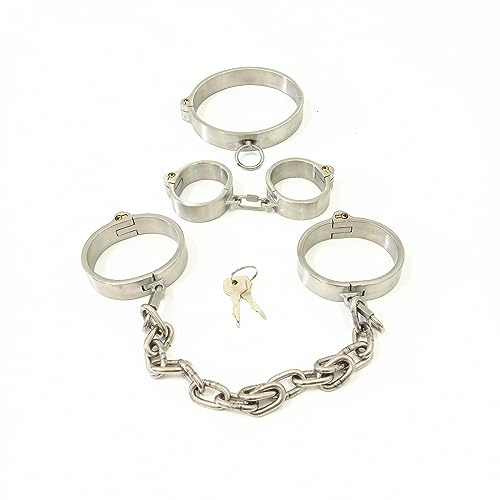 Edelstahl Schwer Metall Halsband Handschellen Fußfesseln Mit Eisenkette BDSM Kit Erwachsene sm Folter Fessel Sklaven Sexspielzeug Fesselset für Frauen und Männer,Männer, 3-teiliges Set,Männlich