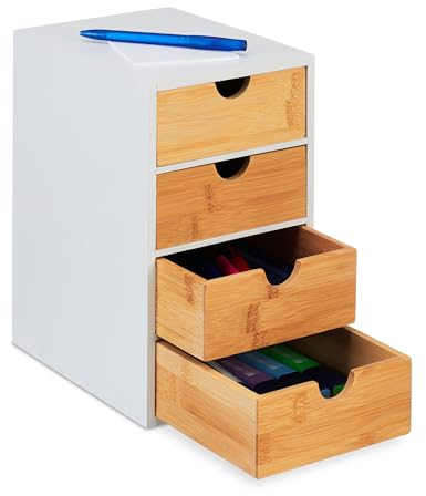 Relaxdays Portaoggetti da Scrivania con Cassetti, 4 Cassettini, Organizer in bambù, 27,5 x 16,5 x 21 cm, Naturale Bianco