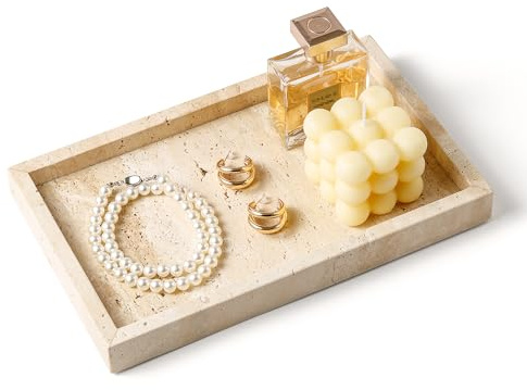WORHE Italy Travertine Stone Vanity Tray for Jewelry,Perfume,Makeup,Candle | Natural Marble Decorative Trays for Bathroom Dresser Rectangle Kitchen Storage Organizer for Home Decor, Beige (WH020)
