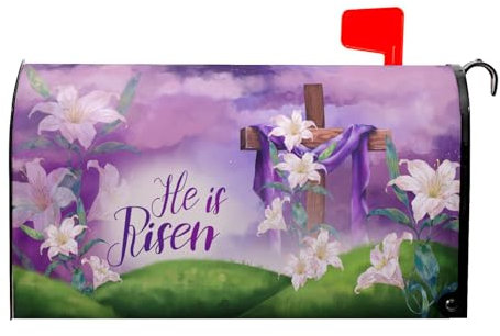 Fundas magnéticas para buzón de Pascua con texto en inglés He is Risen, tamaño estándar, 25.5 x 21 pulgadas, flores moradas de primavera, para buzón, decoración para el hogar, jardín al aire libre