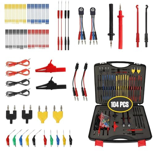 Kit de câble de test pour multimètre 104 pièces Câbles d'essai pour circuit de voiture Testeur de relais Sonde arrière d'essai électrique avec sondes multimètre plaquées or,pinces crocodile,crochets