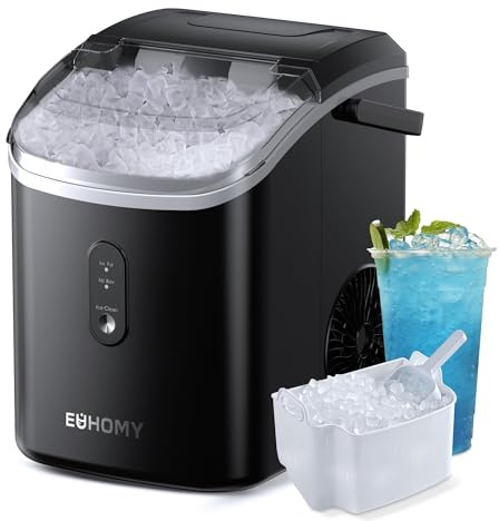 EUHOMY Eiswürfelmaschine, 15kg/24h, Herstellung in 6 Minuten, Crushed Ice Maker, Nuggets Ice, Automatische Reinigung, 120W Tisch-Eiswürfelmaschine, Infrarot-Sensor, Energieeffizient, Schwarz