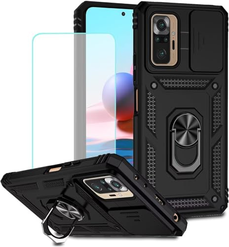 Jhxtech Funda para Redmi Note 10 Pro/Redmi Note 10 Pro Max M2101K6G con protector de pantalla de vidrio templado y cubierta de cámara deslizante, anillo magnético, soporte de coche para Xiaomi Redmi