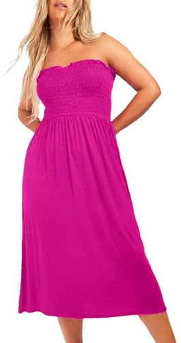 NetSetUK Women's Strapless Sheering Boob Tube Gather Oversized Plus Size Elasticated Bust Bandeau Plain Beach Summer Sleeveless Top Midi Dress for Ladies 8-22