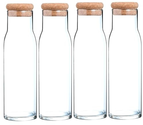 Migros Cucina & Tavola Carafe en Verre avec bouchon en liège pour eau, jus et lait - 1000 ml - Lot de 4