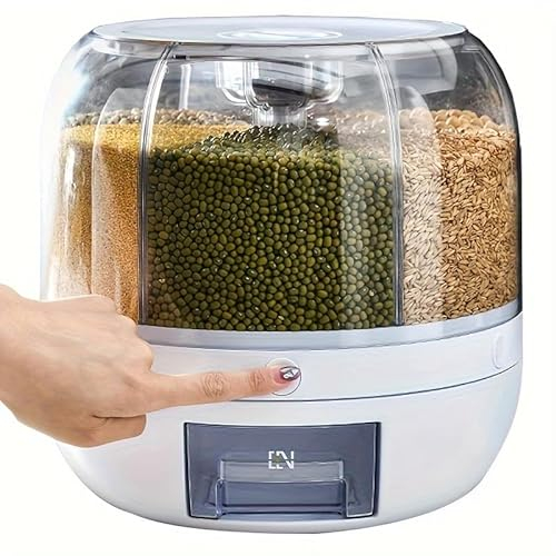 SPIRIT OF ART Dispensador de cereales, contenedor de almacenamiento de arroz y cereales de 6 rejillas, dispensador de alimentos secos giratorio de 360°, caja de almacenamiento de alimentos de grano