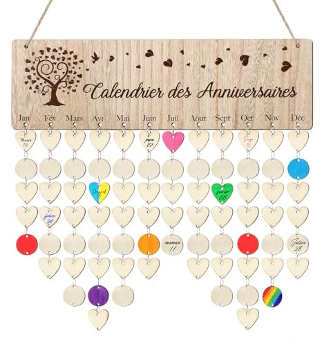Calendrier d'Anniversaire en Bois Plaque de Rappel Calendrier Francais et 100pcs Mini ranches de Bois Disque Rond Cœur Calendriers Personnalisé Suspendu Décoration DIY pour Maison Fête Anniversaire