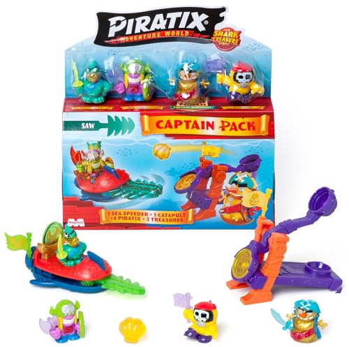 PIRATIX ADVENTURE WORLD Shark Treasure Series, Captain Pack, Saw med 4 Piratix, 1 kapten guld 4 tillbehör, Sea Speeder, katapult, 2 kristall-effektflaggor, 1/6-pack