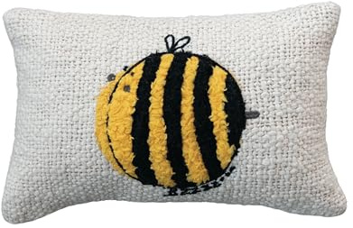 Creative Co-Op Woven Cotton Lumbar Pillow with Embroidered Bee Design, White and Yellow
