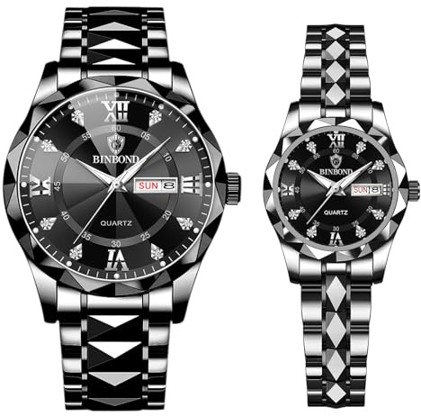 JewelryWe Pair of Watches Luminous Partner Watch: 2pcs 30m Waterproof Calendar Analogue Quartz Couples Wrist Watch Black Stainless Steel Bracelet Friendship Clock with Roman Numerals, Black - Pair of