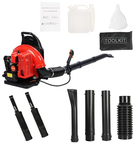 Benzin Laubbläser Rückentragbar, 63CC 2-Takt Rückenlaubbläser, Laubsauger mit Anti-Vibrations System, Manueller Start 2,3kW, 665 Luftvolumen, Laub Bläser für Terrassen Gärten (Rot)