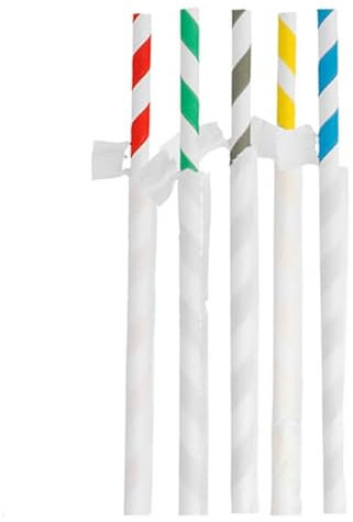 Monouso | 100 Pajitas Rectas de papel a rayas enfundadas, Colores Variados, 23,5cm, Ø8mm, Biodegradable, Reciclable, Desechable, Cañitas de cartón, Pajitas de colores.