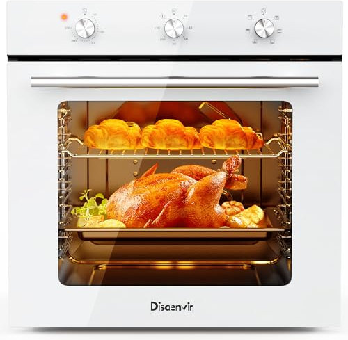 Disaenvir Electric Single Oven Built-in Integrated White, Installed Size 60 cm, 60L 2.2kW with Plug, Timer, 6 Functions, with Grill & Enameled Baking Tray,3D Hot Air Baking, Heat Protection Glazing