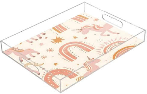 Unicorn Rainbow Stars Acrylic Serving Trays, Clear Rectangular Tray with Handles Serving Platter for Coffee Table Kitchen Bathroom