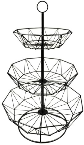 Kitchen Fruit Basket, 3 Tier Fruit Organizer, Detachable Fruit Basket, Geometric Fruits Organizer Basket 47 x 30.5 cm for Fruits, Vegetables, Cakes and Snacks, Black, Gold Color