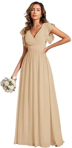 Ever-Pretty Robe de Soirée Dos Nu pour Femme Manches Volantées Mousseline Col V Plissé Robe de Demoiselle d'honneur Longue Élégante Champagne 38