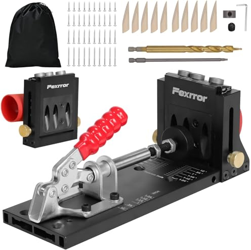 Fexrror Pocket Hole Jig Kit, Professional Aluminum Alloy Pocket Screw with Removable Column Jig, HSS Drill Bit & Depth Setting Collar, 15° Angle Hole, 50PCS Pocket Hole Accessories with Storage Bag