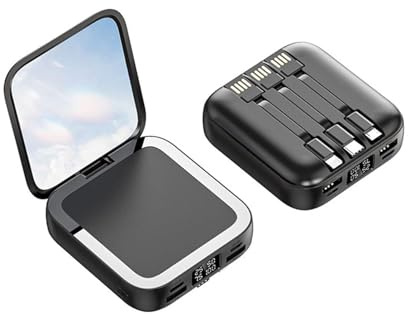 KhUkhu Power Bank con Cavi Integrati E Specchio per Il Trucco, Caricabatterie Portatile da 10000 mAh, Batteria Esterna con 3 Uscite E 2 Ingressi, Mini Power Bank,Nero