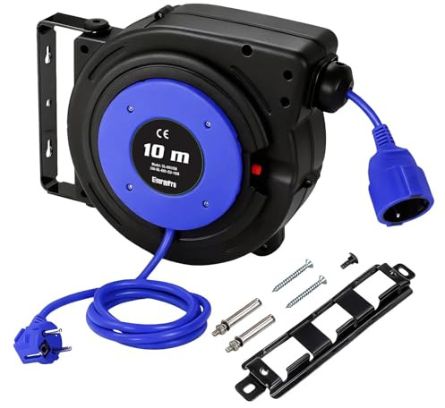 EnergyPro Automatische Kabeltrommel 10m, 2300W, wandmontierbar mit TÜV-Prüfung & Montage-Set – Kabeltrommel Outdoor für Garten, Werkstatt und Garage