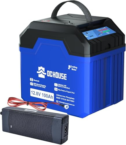 DCHOUSE 12V 100Ah LiFePO4 Batería de litio con Bluetooth y cargador de 10A, hasta 15000 ciclos, 1280Wh, 100A BMS,para motores de arrastre, autocaravanas, sistemas solares, camping