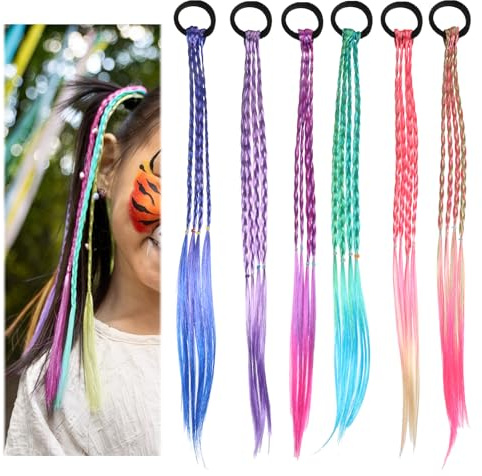 simarro Extensiones de pelo de colores para niñas, 45 cm, trenzado, con cinta elástica, mechones de pelo para niños, accesorios para el pelo, para fiestas, festivales, regalos decorativos (6 colores
