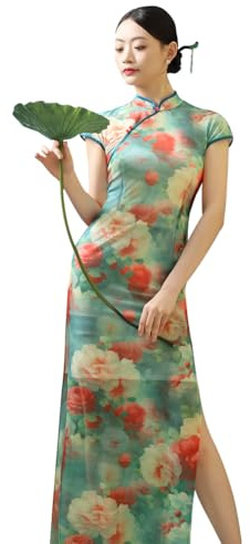 ROYAL SMEELA Chinese Qipao Teal Vintage Floral Pattern, Elastic Mesh, Classic Stand Collar & High Side Slit, Elegant Evening Dress for Women - Celebrations & Day Use, lightblue, L
