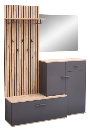 möbelando Kompaktgarderobe >Fynn< modern mit Spiegel, Schuhkommode, Bank & Paneel in Anthrazit/Artisan – Stellmaß B/H/T: 223x199x38 cm, Melamin, Lamellenoptik, zerlegt geliefert