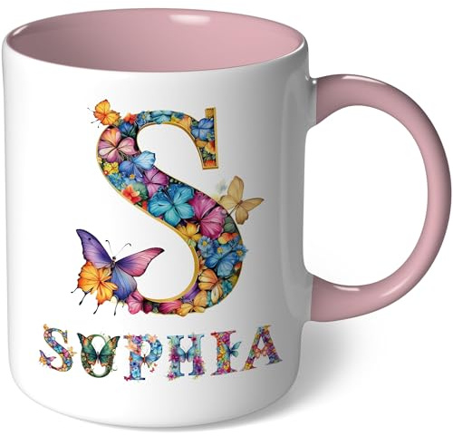 Personalisierte Tasse mit Namen - Motiv Schmetterlinge - Geschenk Kaffeetasse Namenstasse für Frauen Mädchen Geburtstagsgeschenk Geburtstag Teetasse Kaffeebecher (Weiß - Rosa Bild15)