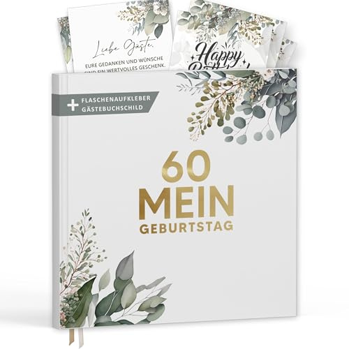 Gästebuch Mein 60. Geburtstag mit Weinetiketten – Erinnerungsbuch Eukalyptus Look Geschenk für Familie & Freunde zum Ausfüllen ohne Fragen – Hardcover Blanko 72 Seiten (60 Mein Geburtstag, 21x21cm)