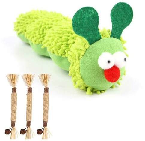 XFSRG Gioco per Gatti a Forma di Bruco Verde in Peluche con Erba Gatta Giochi Interattivi per Gatti Accessori per Divertimento in Casa (2)