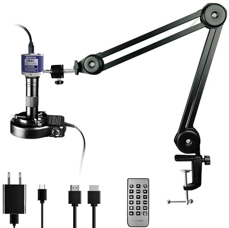RUZIZAO Microscopio Digital, 48MP 4K 1080P HDMI Tipo-C/USB Cámara de Vídeo Industrial para Microscopios, Objetivo con Montura C y Zoom 150X, Soporte Plegable, Luz LED