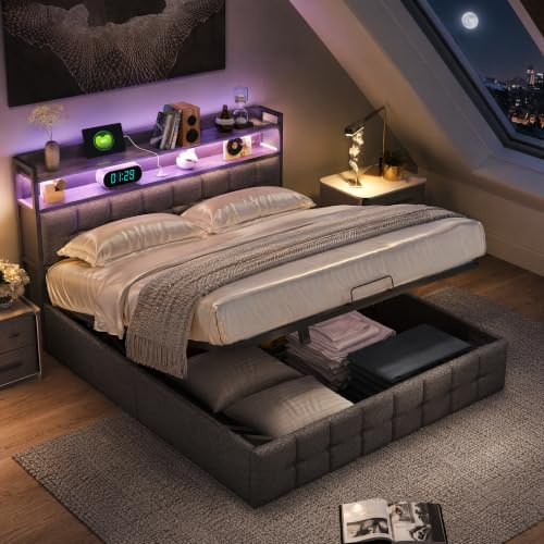 FOERPL Lit Capitonné 140x190 avec Rangement, Lit Coffre avec LED et Ports de Charge USB lit Double Rembourré Tissu en Lin Cadre de LIT avec Lattes, sans Matelas (Gris A, 140 x 190cm)